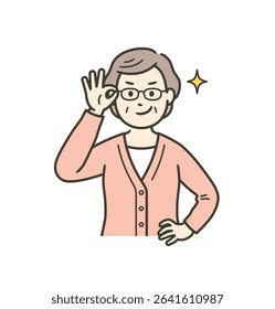 An elderly woman pushes up her glasses and smiles with confidence. Title change