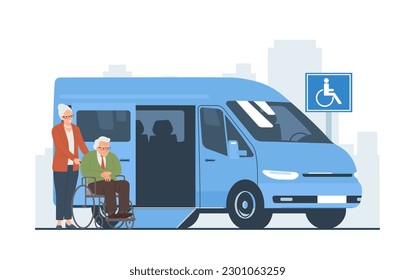 Una anciana empuja a un anciano en silla de ruedas hacia una camioneta. Ilustración vectorial.