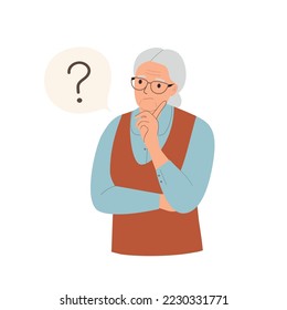 Elderly woman with question mark in think bubble. Flat style cartoon vector illustration. 