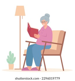 Elderly woman reading Book in armchair. Smiling reader senior female character with book. Hobby or retired lifestile flat or cartoon vector illustration.