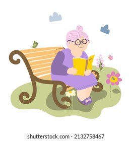 An elderly woman is reading a book. Grandmother is sitting on a bench in the park and reading a book. Flat vector illustration on white background in cartoon style. For print, web design.