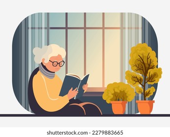 Elderly Woman Reading A Book, Plant Pots And Curtains On Window Background.