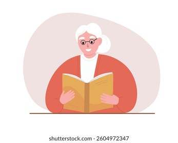 Elderly woman reading a book. Vector flat graphics.