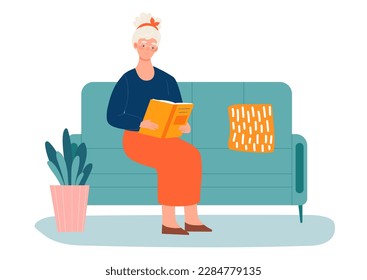 Elderly woman reading concept. Grandmother sitting on sofa in glasses with yellow book in her hands. Education and training. Love for literature and useful hobby. Cartoon flat vector illustration