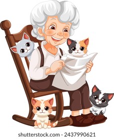 Elderly woman reading with four cute kittens