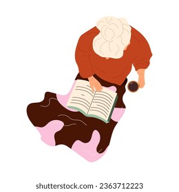 Elderly woman reads book, drinks coffee sits under warm blanket, top view. Old grandmother reads novel in cosy home atmosphere. Flat vector illustration isolated on white background