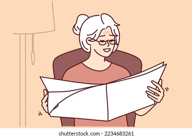 Elderly woman reads newspaper with latest news or announcements sitting in cozy home chair. Gray-haired mature lady in glasses is relaxing looking at favorite magazine. Flat vector illustration