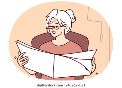 Elderly woman reads newspaper with latest news or announcements sitting in cozy home chair. Gray-haired mature lady in glasses is relaxing looking at favorite magazine. Flat vector illustration