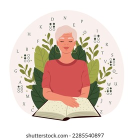 Elderly woman reads something in Braille. June 27 - International Day of the Deaf-Blind.World Braille Day. November 13 - International Day of the Blind.