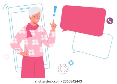 Elderly woman received important messages on her smartphone.  Empty speech bubble for the text. Place for a message or advertisement