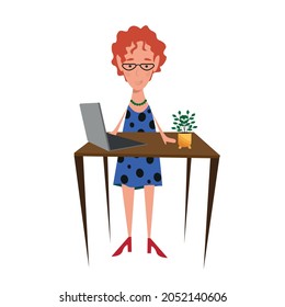 An elderly woman with red hair and a short haircut, an old woman, a pensioner, a grandmother stands at a work table with a laptop. Active old age, work, office. Flat style.