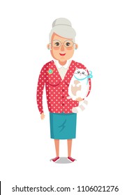 Elderly woman in red jacket with home cat, grandmother vector of granny with cute domestic kitten pet isolated on white background, lady on retirement