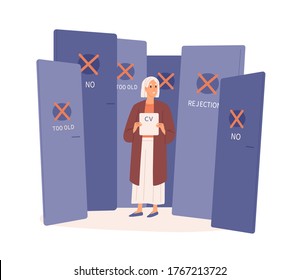 Elderly woman with rejected cv by employer vector flat illustration. Aged female surrounded by closed doors isolated on white background. Difficulties to find job by mature people