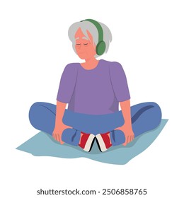 elderly woman relaxing in yoga position, woman over 60 enjoying life and taking care of her health. vector illustration with white background.