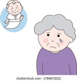Elderly woman reminiscing about her late husband. Vector illustration isolated on white background.