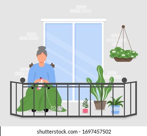 An elderly woman is resting for knitting while sitting on the balcony. An old woman sits on a balcony among plants. Pastime in the fresh air. Self-isolation during quarantine. Vector illustration.