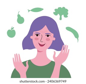 Elderly woman of retirement age and food, nutrition healthy lifestyle concept, hand drawn flat stock vector illustration. Self care, health, diet, beauty for older pensioner women, life aging people