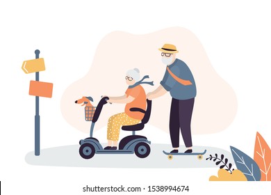 Elderly woman ride on electric mobility scooter and old man on skateboard. Transport for old people. Funny outdoors background. Trendy style vector illustration