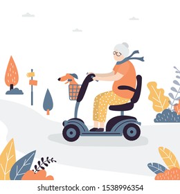 Elderly woman ride on electric mobility scooter. Grandmother drive Electric Wheelchair. Transport for old people. Outdoors background.Trendy style vector illustration