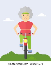 An elderly woman rides a bicycle. Cycling in the park. Grandma happy and cheerful.Cartoon flat vector illustration.