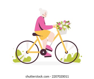 Elderly woman rides bicycle. Senior active lifestyle concept. Vector flat illustration isolated on white background
