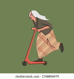 An elderly woman rides a scooter. Active pensioner. Active, healthy lifestyle, happy grandmother. Vector stock illustration. An old woman looks young and leads a healthy lifestyle.