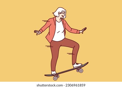 Elderly woman rides skateboard enjoying free time and being active in old age after retirement. Happy grey-haired female rides skateboard has extreme sports hobby in old age and wants to stay young