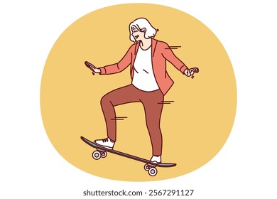 Elderly woman rides skateboard enjoying free time and being active in old age after retirement. Happy grey-haired female rides skateboard has extreme sports hobby in old age and wants to stay young