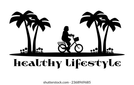 “SHOTLISTS3niorLife”. Elderly woman riding a bicycle. Body silhouette, senior. Palm trees, flowers, spring, nature.  Healthy lifestyle, sport, wellbeing, health, self care. Black vector illustrations.