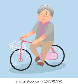 An elderly woman riding a bicycle illustration.