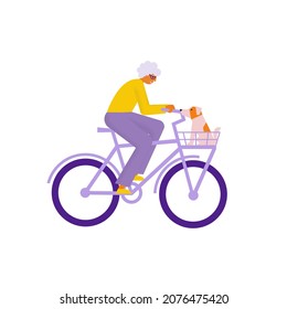 Elderly woman riding cargo bike with basket. Grandmother carries her dog in bicycle. Flat vector illustration  