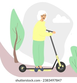 Elderly woman riding an electric scooter. Happy active senior character. Flat vector illustration. Vector illustration