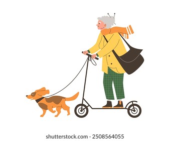 Elderly woman riding a electric scooter with dog on the leash. Outdoor activity senior with puppy pet on urban transport. Cartoon healthy lifestyle, active longevity. Vector flat illustration isolated