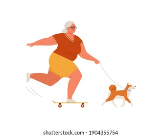 Elderly woman riding skateboard or longboard with dog. Recreational and healthy sport activities for grandmother. Flat cartoon vector illustration. 