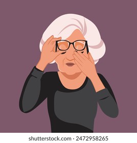 
Elderly Woman Rubbing Her Eyes Vector Cartoon Illustration. Unhappy elderly patient having blurry vision problems 
