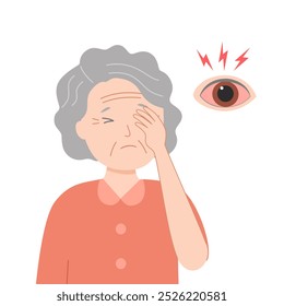 Mujer anciana que se frota el Vector de los ojos en diseño plano. Mujer mayor con dolor ocular.