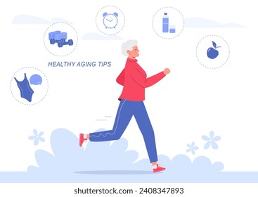 Elderly woman running in the park. Outdoor running activity and healthy lifestyle  in old age. Fitness, swimming, healthy eating and daily routine. 