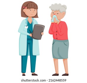 Elderly woman with runny nose came for consultation with doctor. Sneezing female patient has virus. She got influenza and runny nose. Season allergy, temperature. Epidemic of colds and viral diseases