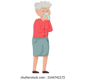 Elderly woman with runny nose. Sneezing female patient on white background. She got influenza and runny nose. Season allergy. Sick lady sneeze in hospital. Epidemic of colds and viral diseases