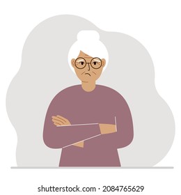 The elderly woman is sad and upset. The arms are crossed over the chest. Vector flat illustration