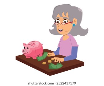 mulher idosa economizando dinheiro. Mulher de cabelos brancos colocando dinheiro em piggy bank ilustração de vetor plana. Aposentadoria, finanças, conceito orçamentário. ilustração vetorial.