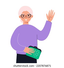 Elderly woman saying hi and waving with hand. Concept of online education, smb, communication. Vector flat illustration.
