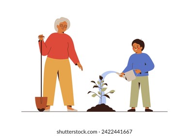 Elderly woman with school boy planting young tree in the ground. Happy grandmother and small grandson watering sapling outdoor together.  Green ecology, environment forest conservation concept. Vector