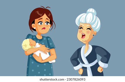 
Elderly Woman Scolding New Mom with Baby Vector Illustration. Mother with newborn feeling depressed and criticized by her family
