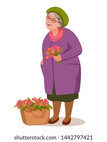 an elderly woman selling flowers on the street