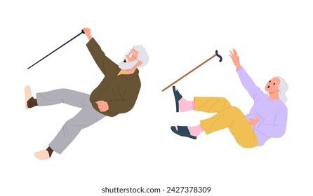 Elderly woman and senior man cartoon characters with cane falling down isolated vector illustration