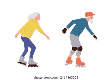 Elderly woman and senior man isolated cartoon character enjoying fast riding training outdoors