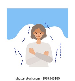 Elderly woman shivering after getting her COVID-19 vaccine. Concept for side effects of coronavirus vaccine. Flat vector illustration.
