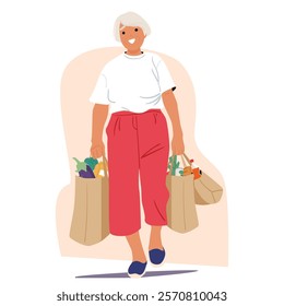 Elderly woman shopper character walking with groceries purchases heavy shopping bags. Happy active aged female buyer buying food products enjoying everyday routine on pension vector illustration