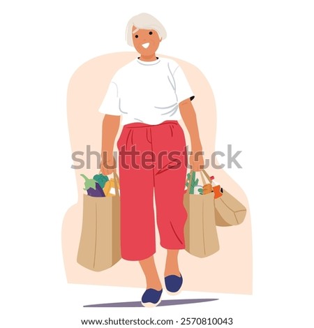 Elderly woman shopper character walking with groceries purchases heavy shopping bags. Happy active aged female buyer buying food products enjoying everyday routine on pension vector illustration